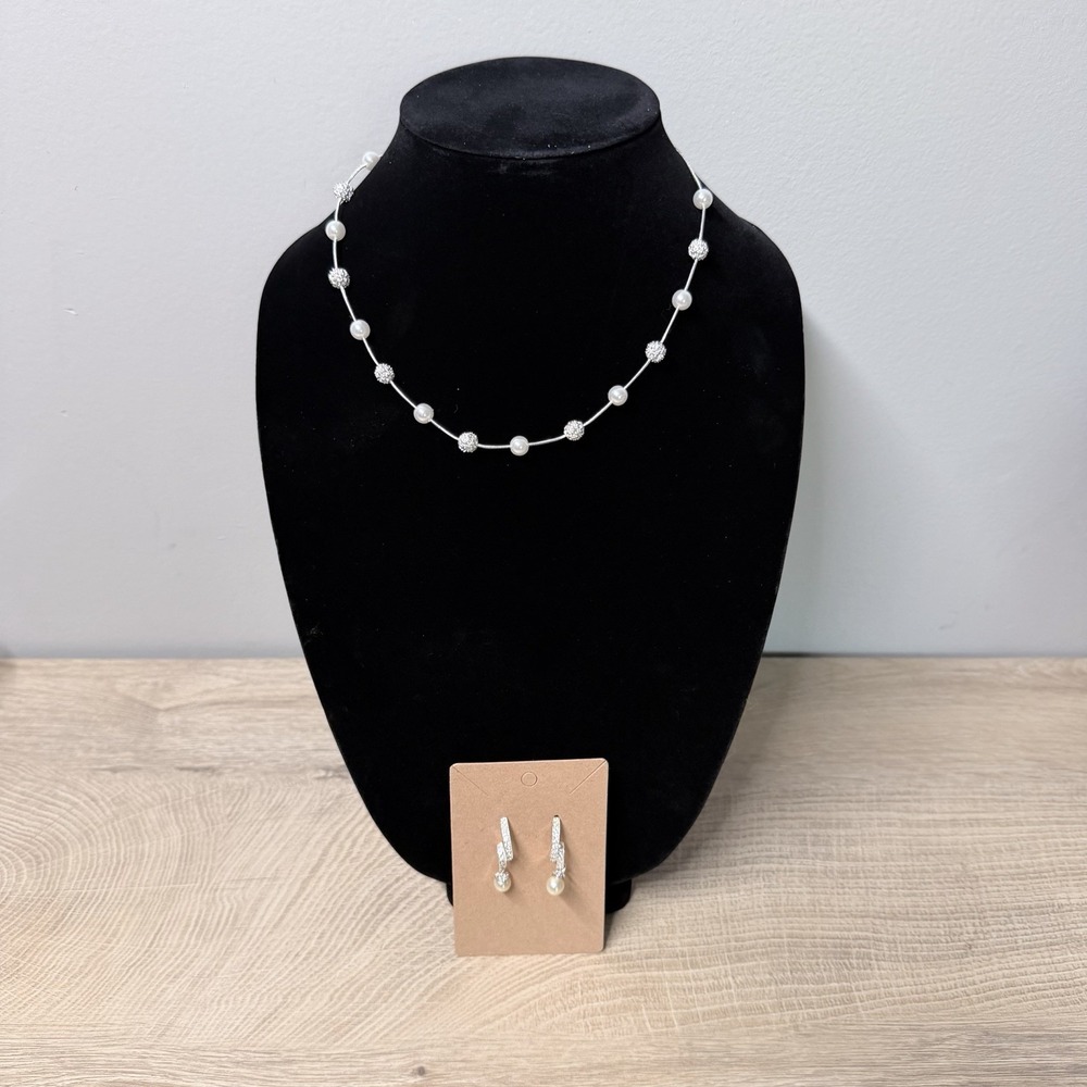 Silver Tone Faux Pearl Necklace Drop Earrings Set‎ Minimalist Coastal Old Money